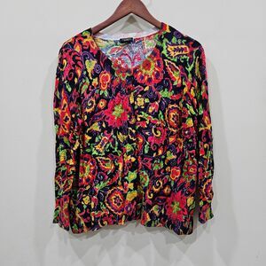 Talbots Womens Artsy Floral Cardigan Sweater Plus Petite 2XP Multicolor Festival